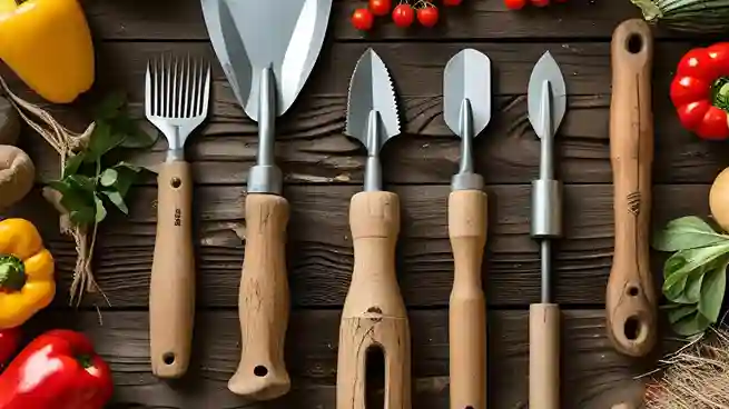 Neatly arranged small farm tools including hand cultivators, sickles, watering cans, and pruning knives on a wooden table.