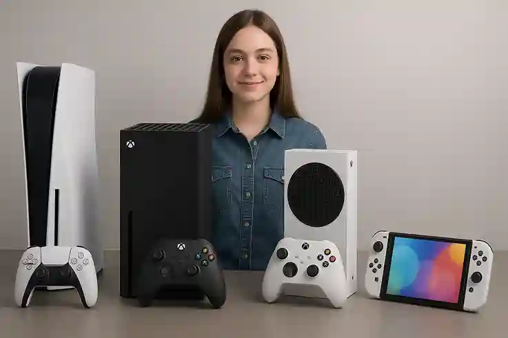 PS5 vs Xbox vs Switch Design and Build Quality Comparison PS5, Xbox Series X, Xbox Series S, and Nintendo Switch OLED shown in split-view highlighting size, portability, and build quality with controllers