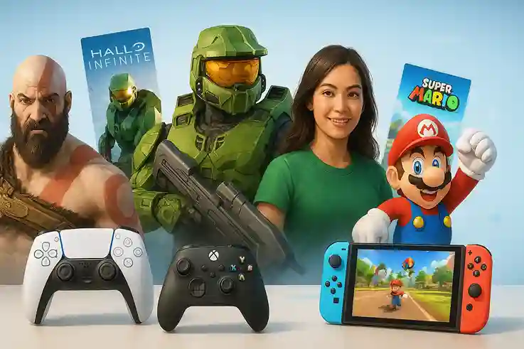 PS5 vs Xbox vs Switch Game Library and Exclusives_11zon PS5, Xbox Series X, Series S, and Nintendo Switch OLED surrounded by iconic exclusive game characters and titles, showing their game library differences