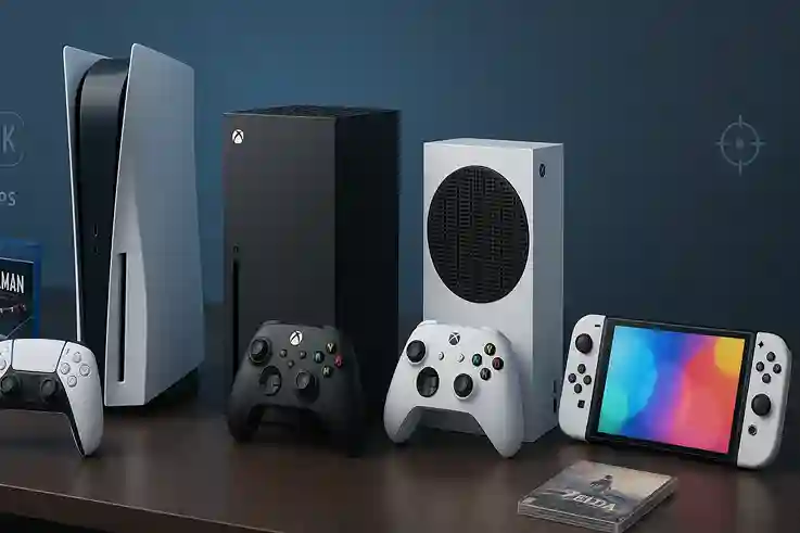 PS5 vs Xbox vs Switch Quick Console Overview 2025 PS5, Xbox Series X, Xbox Series S, and Nintendo Switch OLED displayed together with controllers and game icons for a quick console overview