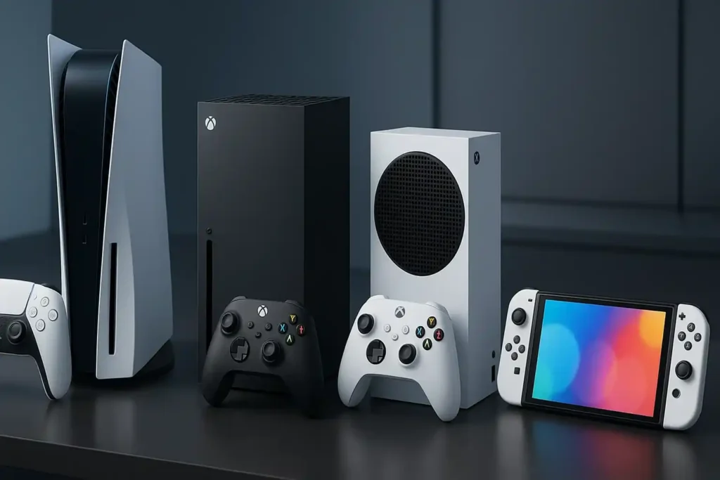 PS5, Xbox Series X, Xbox Series S, and Nintendo Switch OLED displayed side by side on a modern gaming desk with controllers