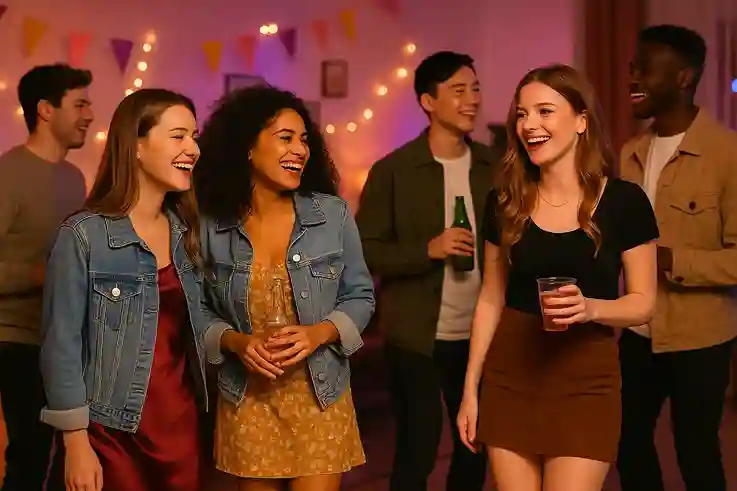 College students showcasing trendy and stylish outfits at a social gathering, highlighting fashion for college students.