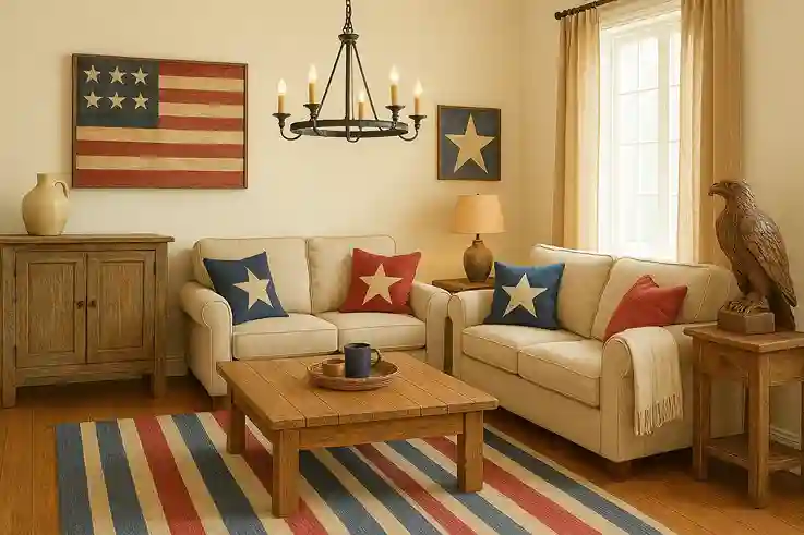 Patriotic Symbols in Americana Decor Living room with Americana decor featuring stars, stripes, and a carved wooden eagle, complemented by rustic textures