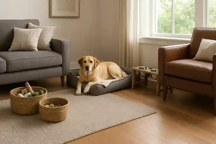 Cozy pet-friendly living room with microfiber and leather furniture, a dog bed in the corner, washable rugs, and an elevated feeding station.