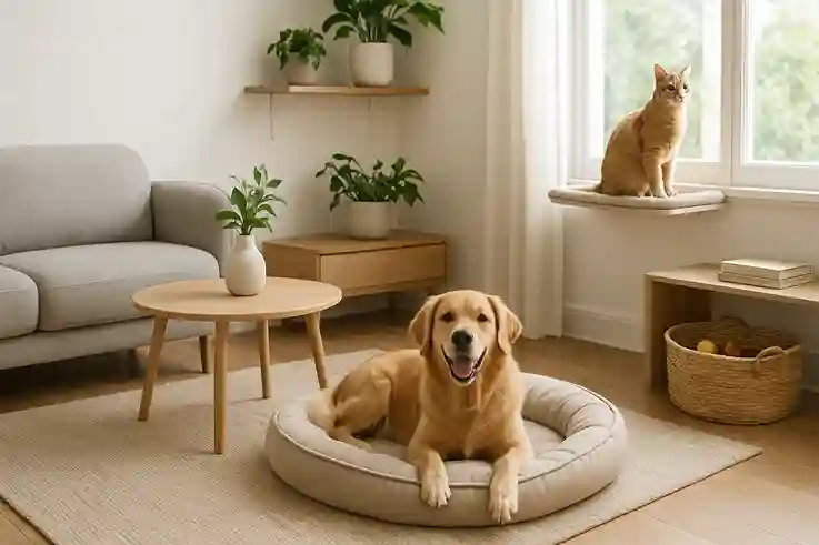 Pet-Proof Decorating Stylish and Safe Living Room Ideas A bright, pet-friendly living room with rounded-edge furniture, non-toxic plants on high shelves, a golden retriever on a cozy bed, and a cat on a window perch, showcasing Pet-Proof Decorating.