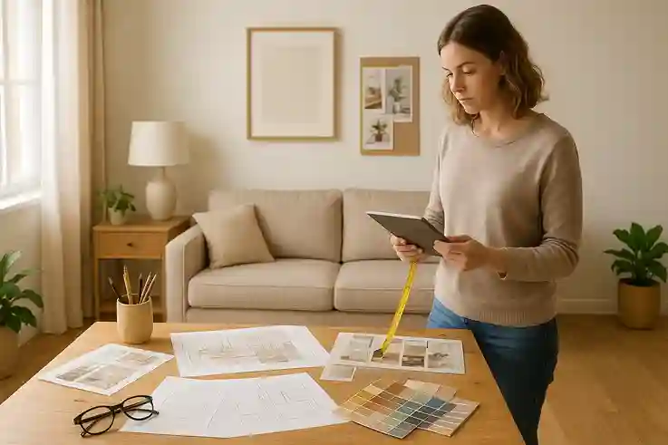 Planning Your Magical Space DIY Decor Made Simple Person planning a room’s decor with a notebook, color swatches, and layout ideas for DIY decor.