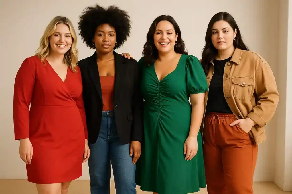Confident plus-size models wearing trendy outfits from leading plus size apparel brands in 2025 fashion photoshoot