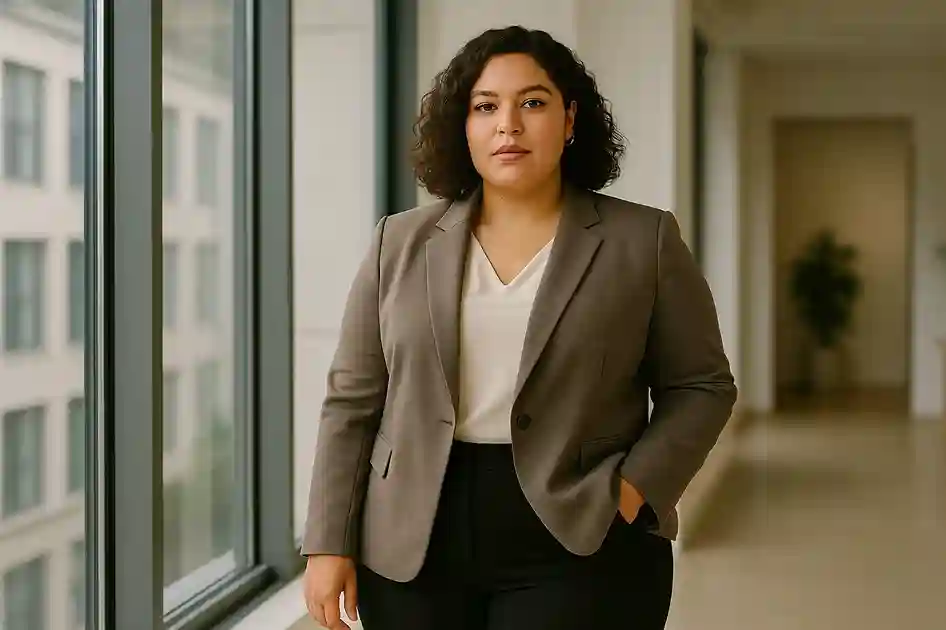 Plus size apparel brands featured with a confident model wearing professional office attire for modern workplace fashion