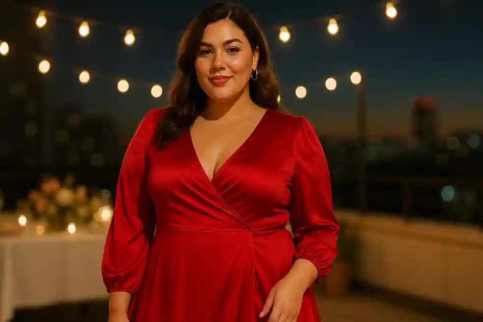 Plus size apparel brands featured with a confident model wearing a stylish, body-positive party dress in a festive 2025 setting