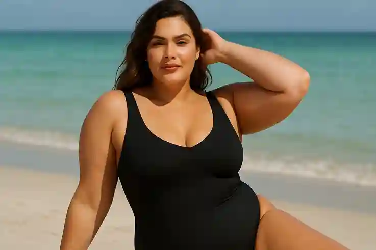 Plus size apparel brands featured with a confident model wearing Sculpting Swimwear by the beach in a stylish 2025 look