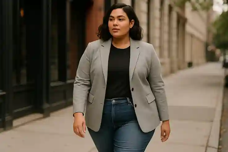Plus size apparel brands shown with a confident model in Universal Standard street-style outfit on a modern city street