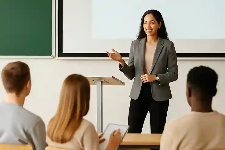 College student giving a presentation in a classroom, wearing professional smart-casual attire including a blazer and tailored pants.