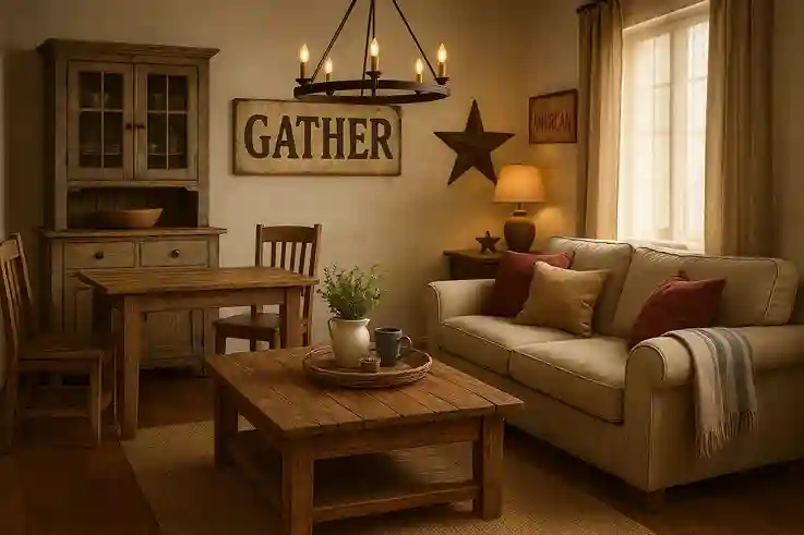 Rustic Farmhouse Textures in Americana Decor Cozy farmhouse living room showcasing rustic textures and Americana decor with reclaimed wood furniture and distressed cabinets