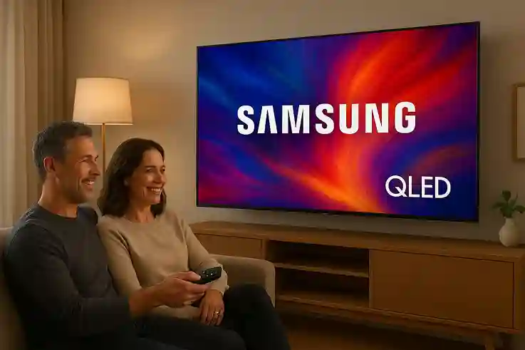 Samsung QLED TVs Stunning Picture Quality and Durability A couple relaxing in a modern living room with a Samsung QLED TV, showcasing vibrant colors and premium picture quality.