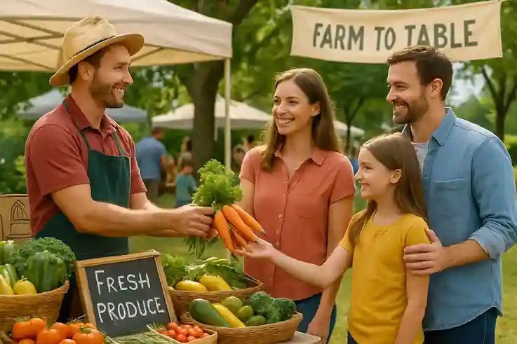 Selling Locally Builds Stronger Farm to Table Food Connections Local farmer selling fresh produce to community members at a farmers market supporting the Farm to Table movement.