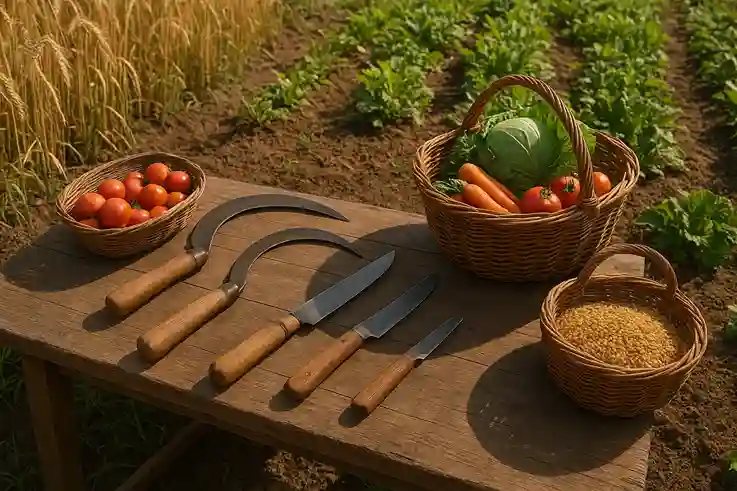 Small Farm Tools for harvesting, including sickles, scythes, harvest knives, and baskets with fresh produce.