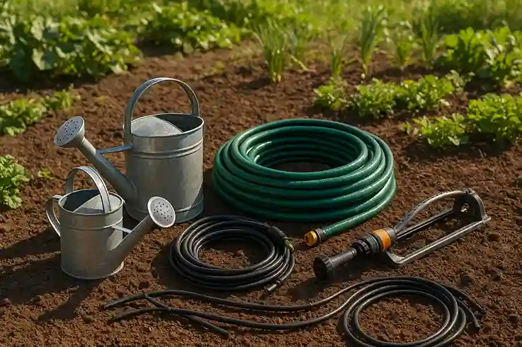 Small Farm Tools for watering, including watering cans, hoses, drip irrigation tubes, and sprinklers arranged near healthy crops