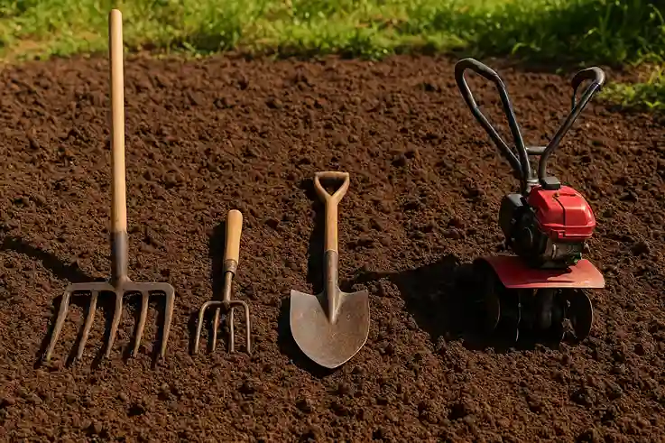 Small Farm Tools for Soil Preparation and Healthy Growth Small Farm Tools including a broadfork, hand cultivator, spade, and small tiller arranged on freshly tilled soil.