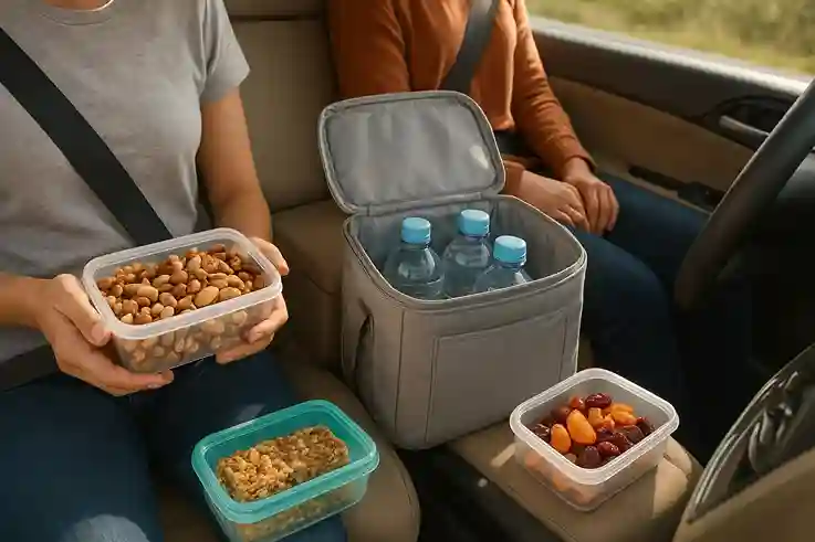 Snacks and Food Storag Road Trip Must Haves Road trip must haves with organized snacks and food storage solutions inside a travel-ready car.