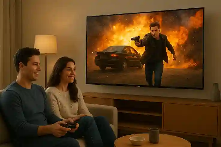 Sony TVs Superior Picture and Motion Performance A Sony TV in a modern living room showing vivid action scenes, with a man gaming and a woman watching together.