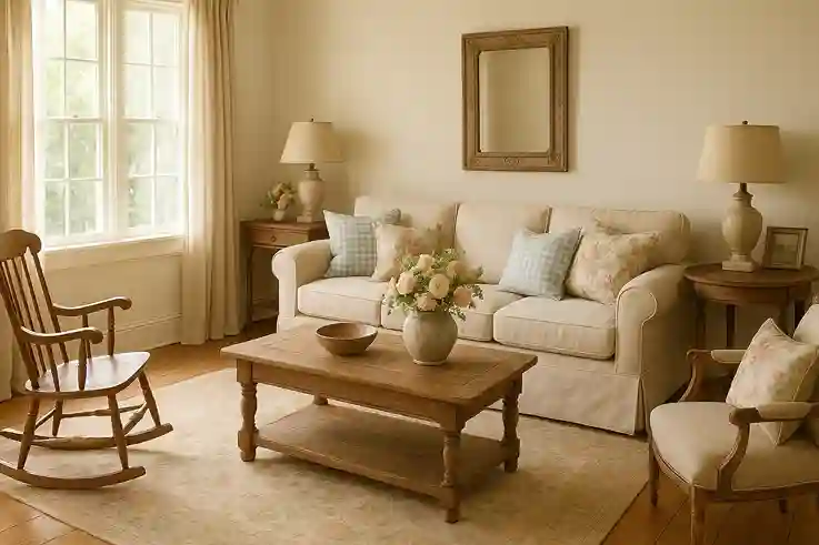 Southern Charm Style Living Room – Warm and Inviting Cozy Southern Charm living room with soft neutral tones, vintage wooden furniture, floral accents, and sunlight streaming through large windows.