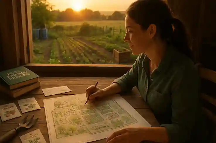 Starting Your Eco Farming Journey with Purpose A beginner farmer plans her eco farming journey at a rustic wooden table with a farm map, seed packets, and gardening tools, overlooking a small starter plot with crops, rainwater barrels, and compost bins at sunrise.
