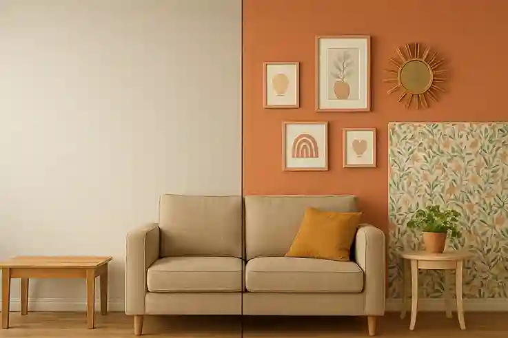 Statement Wall Refresh From Boring to Magical Before-and-after view of a living room wall transformation, from plain and dull to vibrant and stylish with DIY decor.