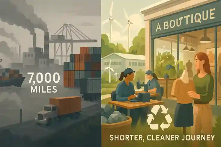Eco-friendly American clothing factory with recycled fabric scraps, clean machines, and minimal emissions