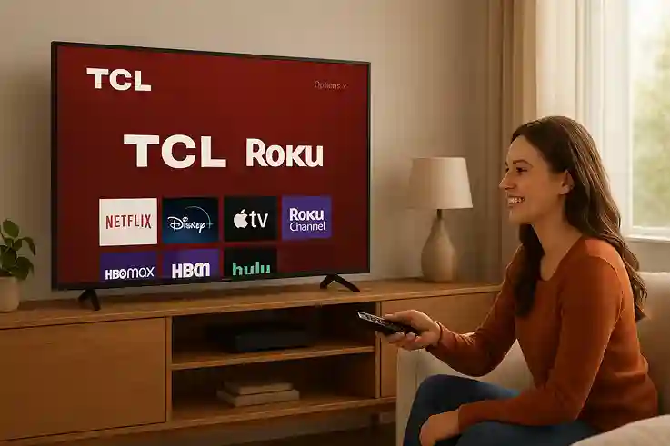 TCL Roku Smart TV with User Interaction A woman using a TCL Roku-powered smart TV in a modern living room, with the TCL logo on the screen.