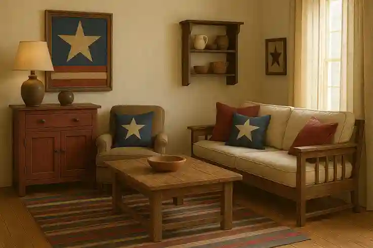 The Americana Color Palette in Home Decor Living room showcasing Americana decor with a color palette of deep red, navy blue, cream, and brown in furniture and textiles