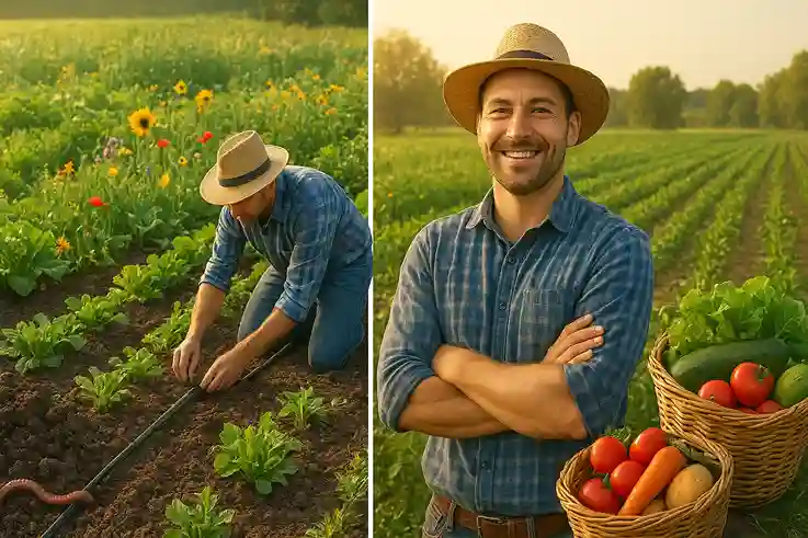 The Core Benefits of Eco Farming Farmer showcasing the core benefits of eco farming, including healthy soil, biodiversity, water conservation, and fresh organic produce.