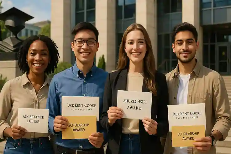 The Jack Kent Cooke Foundation Scholarship A Path to Opportunity Diverse college students celebrating the Jack Kent Cooke Foundation Scholarship with award letters outside a university campus.