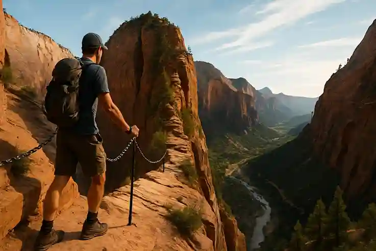 A hiker grips a safety chain while traversing the narrow cliffside trail at Angel’s Landing in Zion National Park, with red canyon walls and deep valley views below.