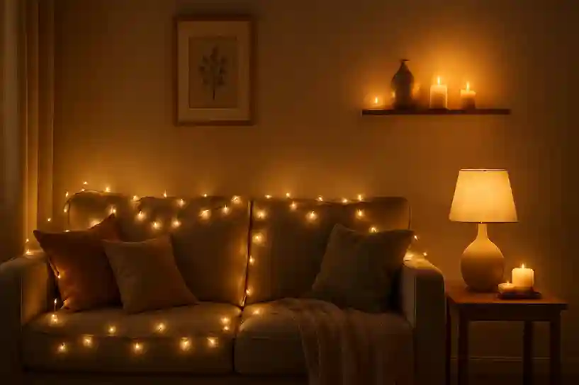 Tip 1 Lighting Magic – Transform Any Room Instantly Cozy living space with string lights, candles, and lamps creating a magical DIY lighting effect.