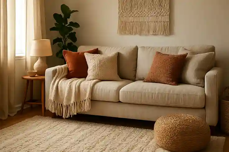 Tip 2 Textures and Fabrics –Add Warmth and Style Living room showcasing layered textures with pillows, rugs, and curtains for a cozy DIY decor effect