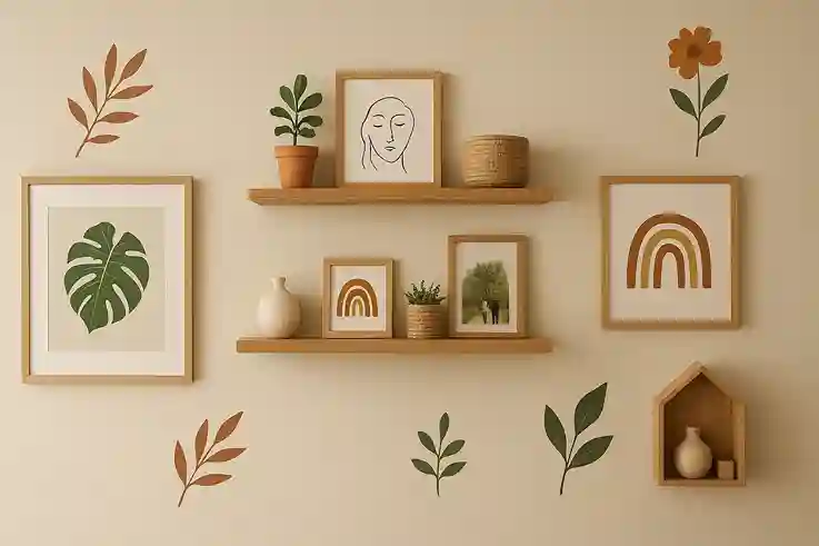 Tip 3 Wall Wonders – Transform Blank Walls into Focal Points Decorated wall with DIY art, floating shelves, and personal touches in a cozy home.