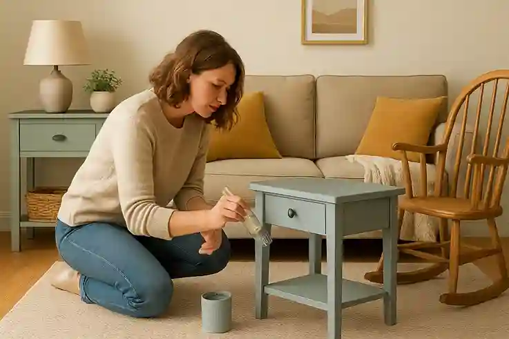 Tip 4 Furniture Flair DIY Upgrades in Action Person painting and upgrading furniture in a cozy, personalized living space.