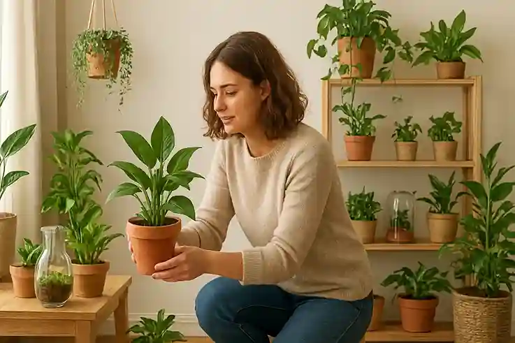 Tip 5 Green Touches –Bring Life to Your Space Person arranging indoor plants and terrariums in a cozy, vibrant room.
