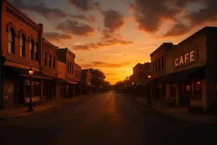 Cinematic view of an underrated small town in Texas at sunset with historic streets, cozy cafes, and golden light