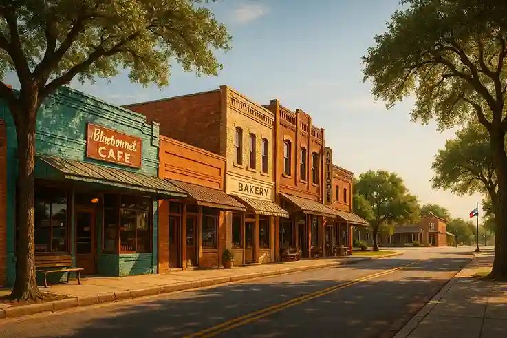 Quaint small town in Texas with historic buildings, cozy streets, and hidden gems under a bright blue sky.
