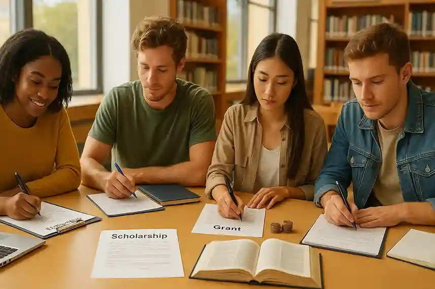 Diverse college students working together on scholarship and grant applications with laptops and textbooks in a university library.