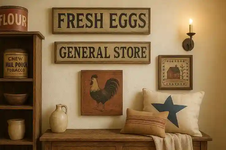 Vintage Signs and Folk Art in Americana Decor “Interior featuring Americana decor with vintage tin signs, hand-painted farm signs, and folk art pieces on rustic shelves