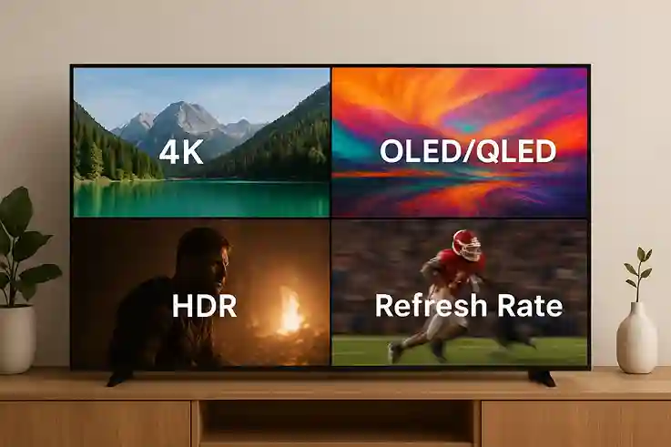Visual Guide to Common TV Tech Terms A split-screen TV display showing 4K, OLED/QLED, HDR, and refresh rate in action. Each panel has a floating label and icon, set in a modern living room.