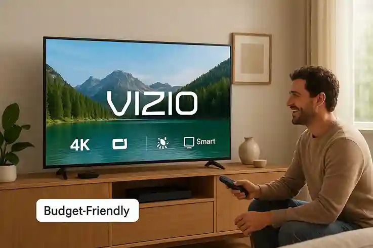 Vizio TV – Affordable 4K HDR for Everyday Entertainment A person sitting in a cozy living room watching a Vizio TV displaying its brand logo and a vibrant 4K HDR scene.