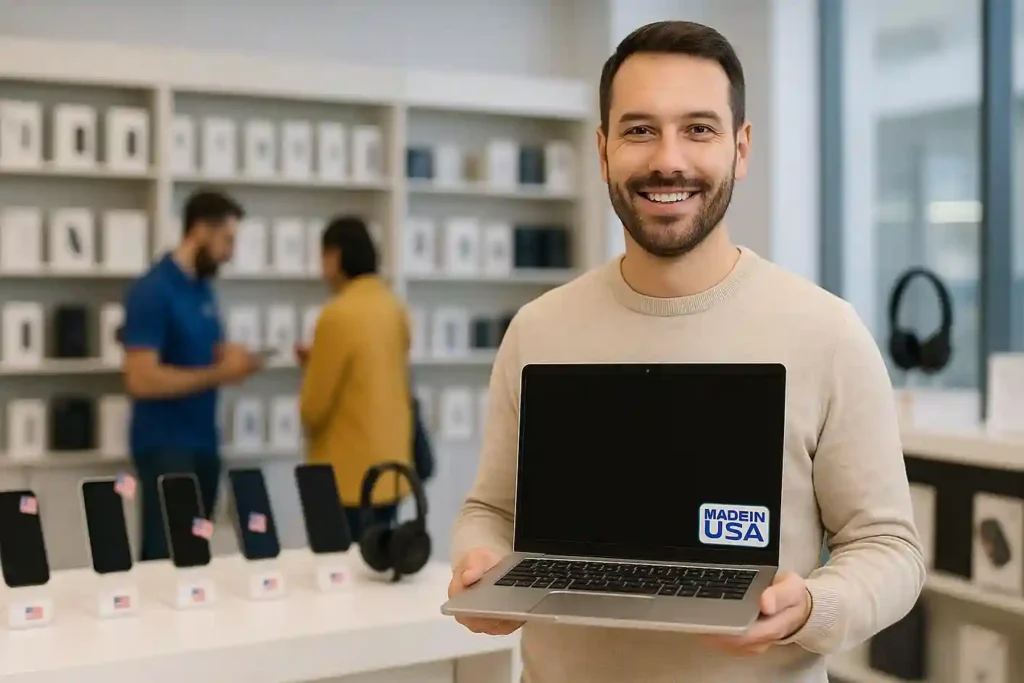 Why Buying American Electronics Matters Customer holding a laptop with a Made in USA label, showing why Buying American Electronics matters.