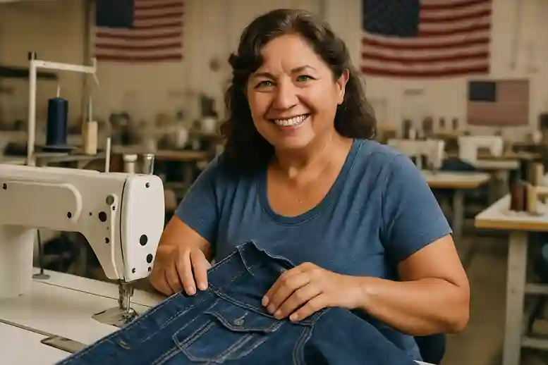 American garment worker sewing a denim jacket with care in a clean, well-lit factory.