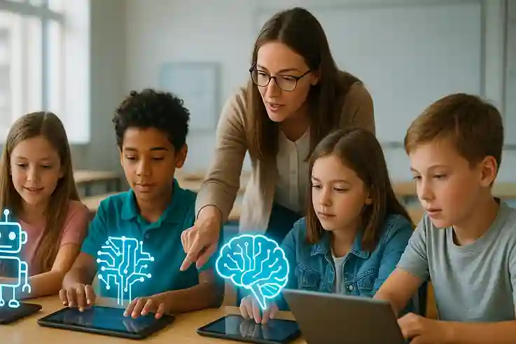 Why Kids Need AI Literacy Now to Protect Young Minds Children in a classroom exploring digital tools with AI icons, showing why kids need AI literacy today.