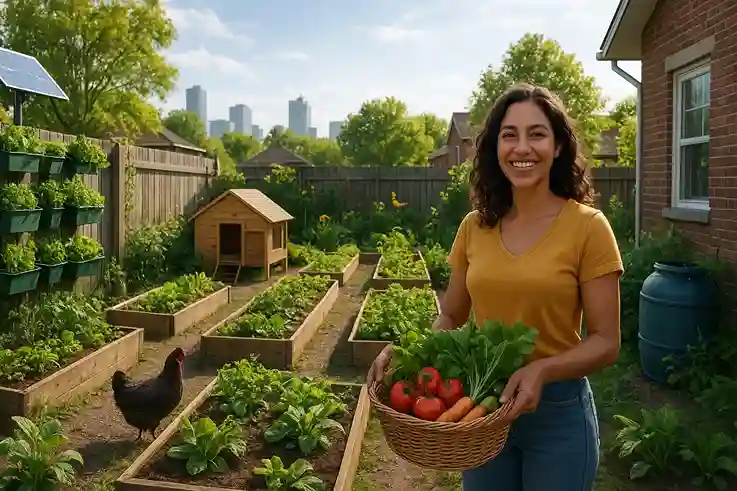 Why Start a Backyard Farm in 2025 – Modern and Sustainable A modern backyard farm with raised beds, vertical gardens, a small chicken coop, and a person harvesting fresh vegetables. Solar panels and a rainwater barrel highlight sustainable and profitable farming practices.