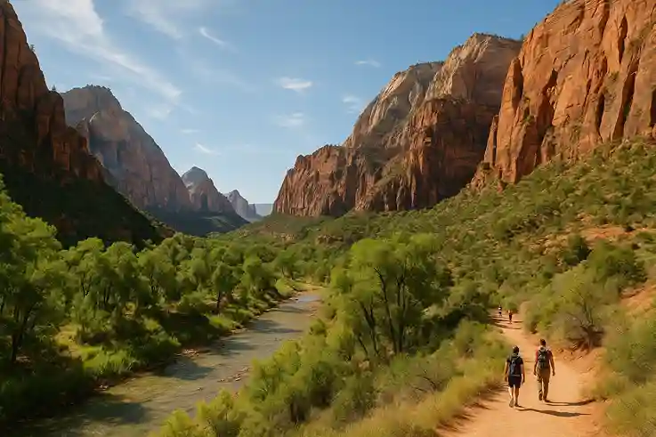 Zion National Park – One of the Best US National Parks Towering red rock cliffs and slot canyons in Zion National Park, one of the best US national parks, with the Virgin River flowing through lush greenery.