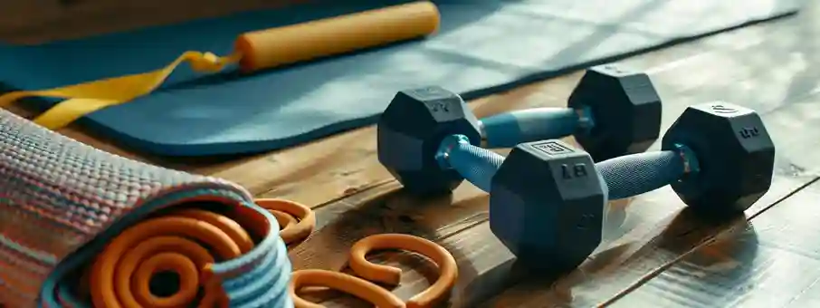 Small dumbbells, resistance bands, and a yoga mat neatly placed on the floor